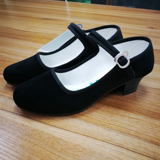 黔城牌女士平绒面宾馆酒店商场礼仪广场舞蹈平底中跟布鞋黑色一带