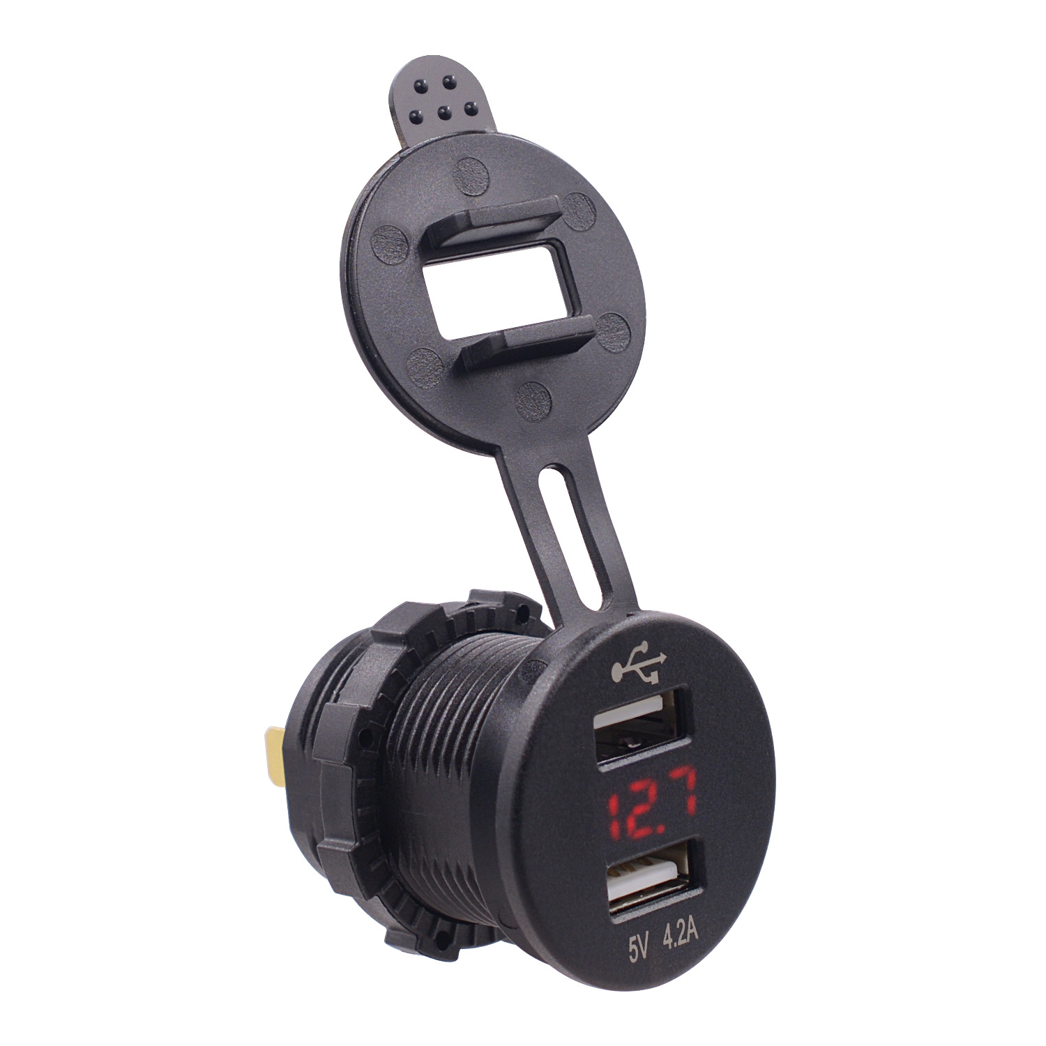 跨境汽车摩托车车载充电器点烟器式 4.2a双usb手机充电器带电压表