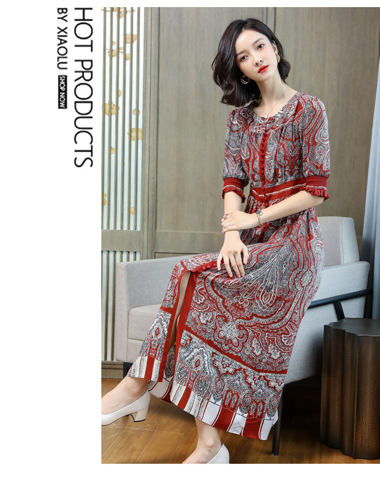 真丝高腰连衣裙2019夏季新款中长款过膝民族风气质桑蚕丝女士裙子
