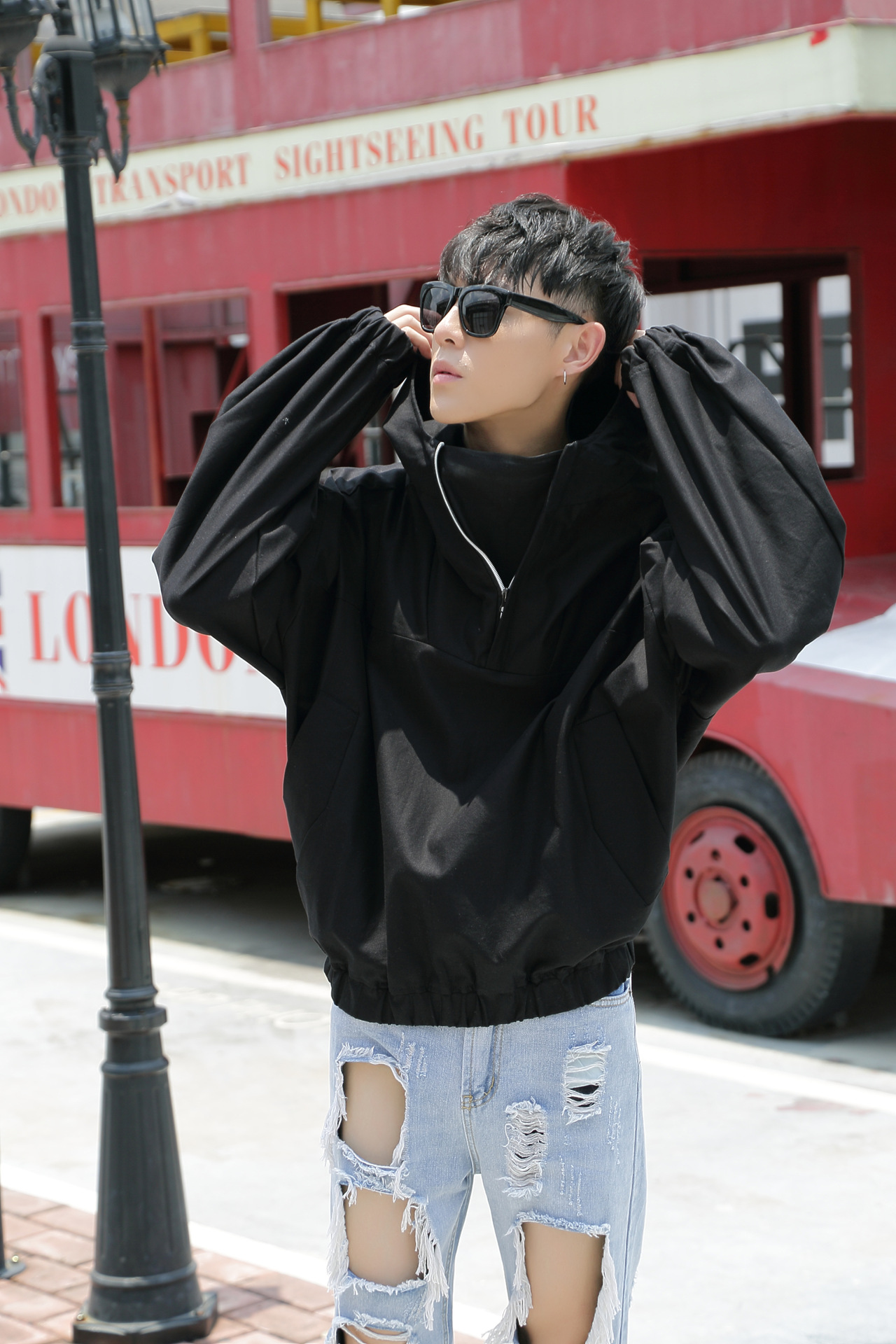 跨境外贸男韩版宽松连帽夹克衫蝙蝠衫宽松外套欧美高街原宿风街头