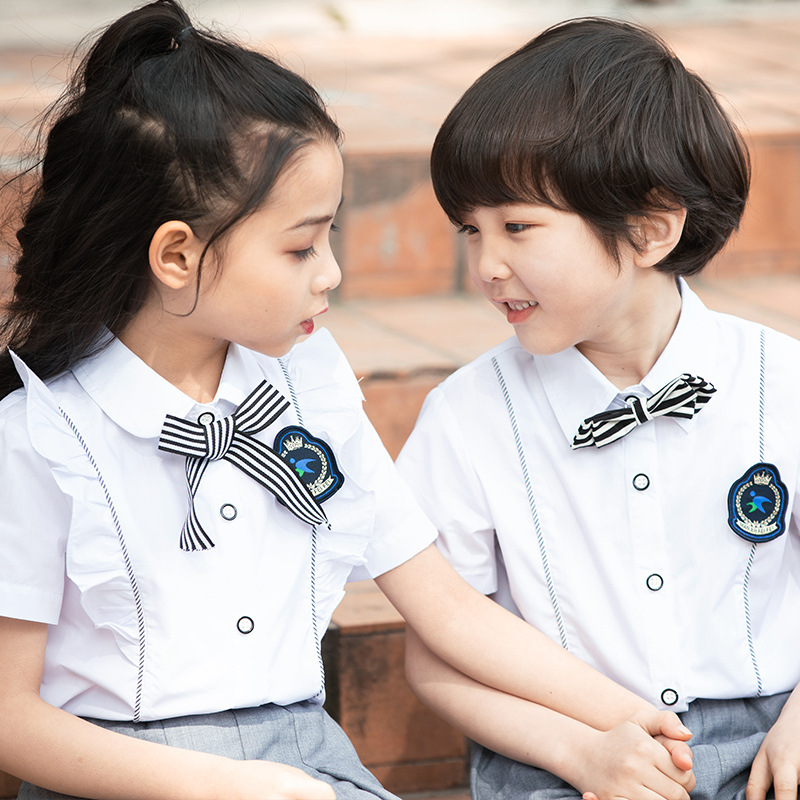 新款英伦学院风衬衫短袖中小学生男女校服套装幼儿园服毕业季班服