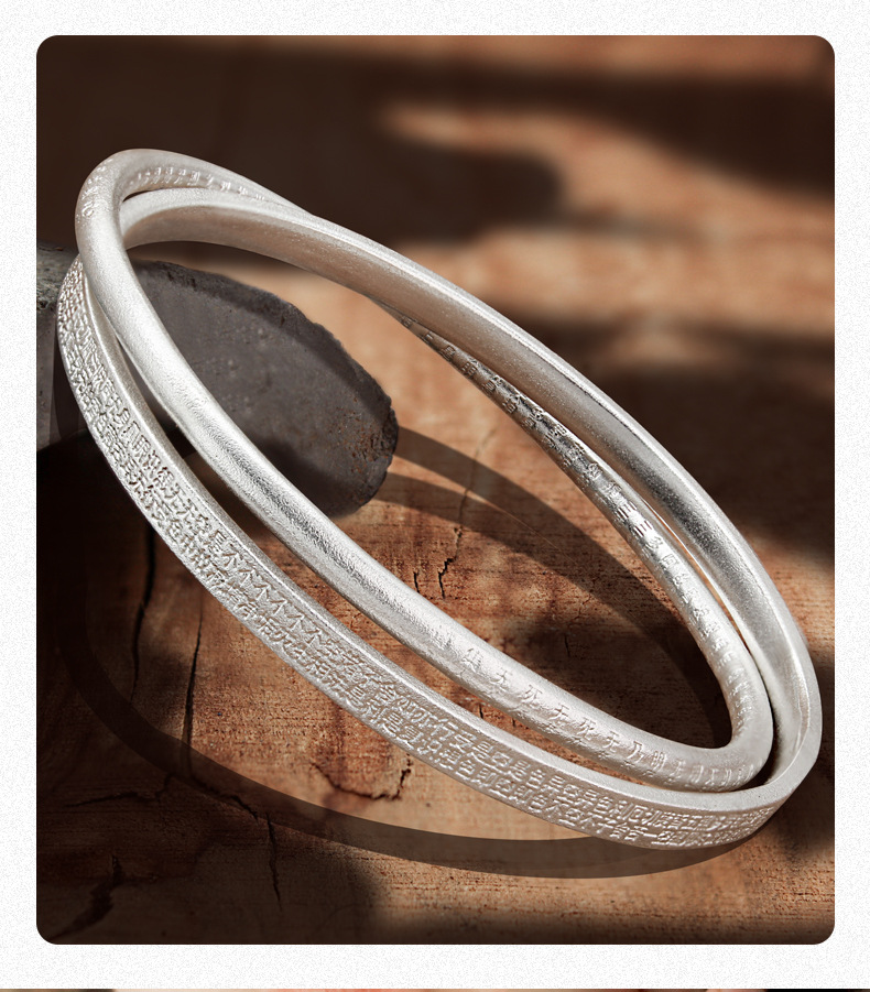 银手镯999足银闭口女实心双环简约网红手镯古法传承心经银镯子