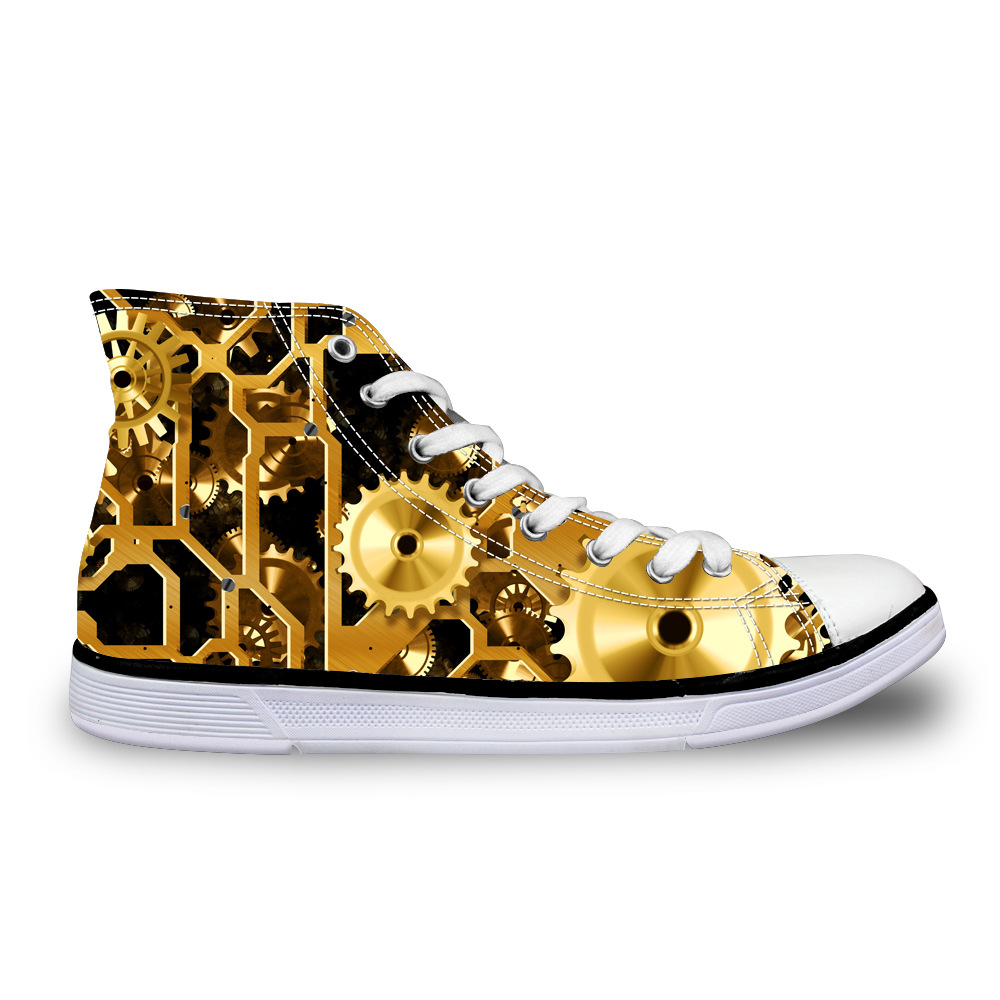 小众图案定制鞋 工业机械齿轮 时尚休闲中性黑色高帮帆布鞋