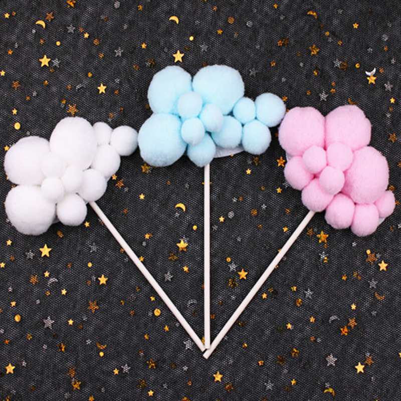 棉花云朵蛋糕装饰插件生日派对甜品台毛球彩虹白云朵气球蛋糕插牌