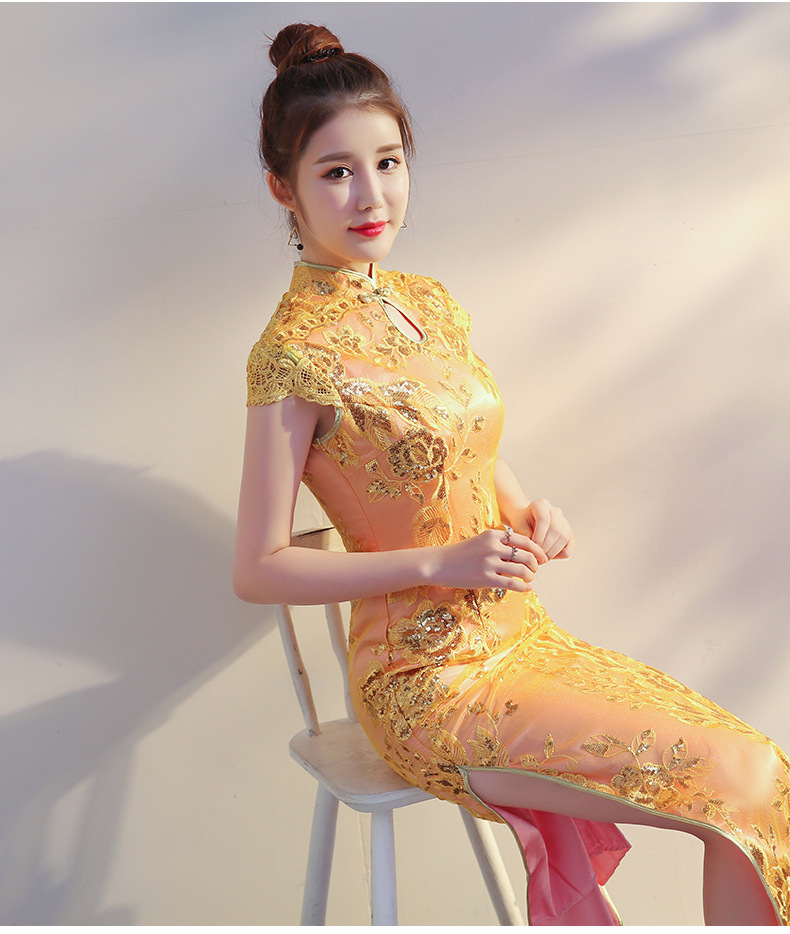 少女旗袍礼服女长款2020新款秋冬金色时尚显瘦年会宴会走秀演出服