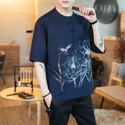 2019中国风印花汉服夏季中式宽松t恤短袖棉料上衣大码打底汗衫男