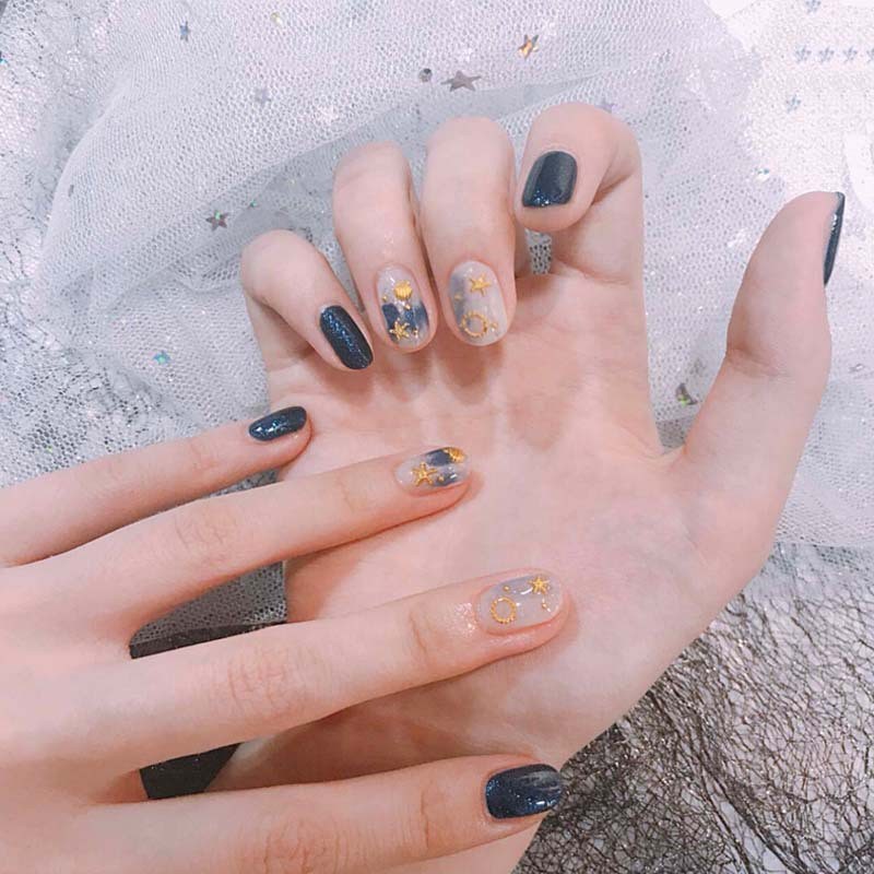 蓝色星空晕染美甲贴片成品假指甲星月系列星空晕染随时穿卸穿戴甲