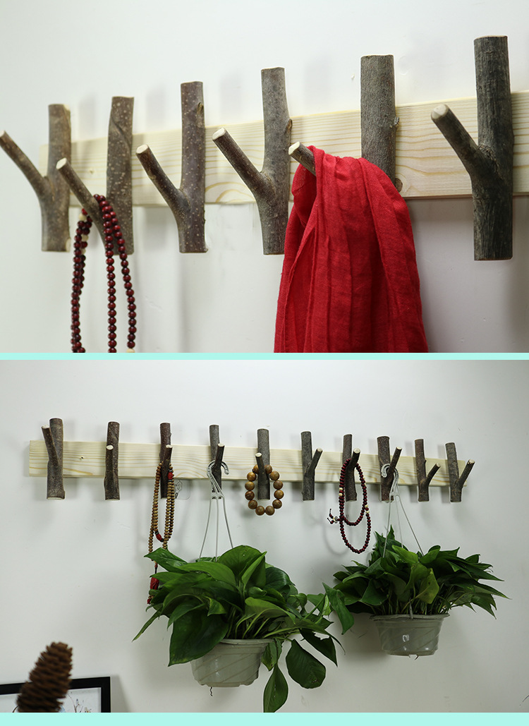 厂家直销实木挂衣钩衣架排钩带皮树叉手工中式墙上壁挂木质挂钩