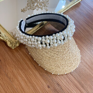 夏季时尚潮小香风手工珍珠帽子拉菲草帽沙滩帽空顶帽檐遮阳帽女