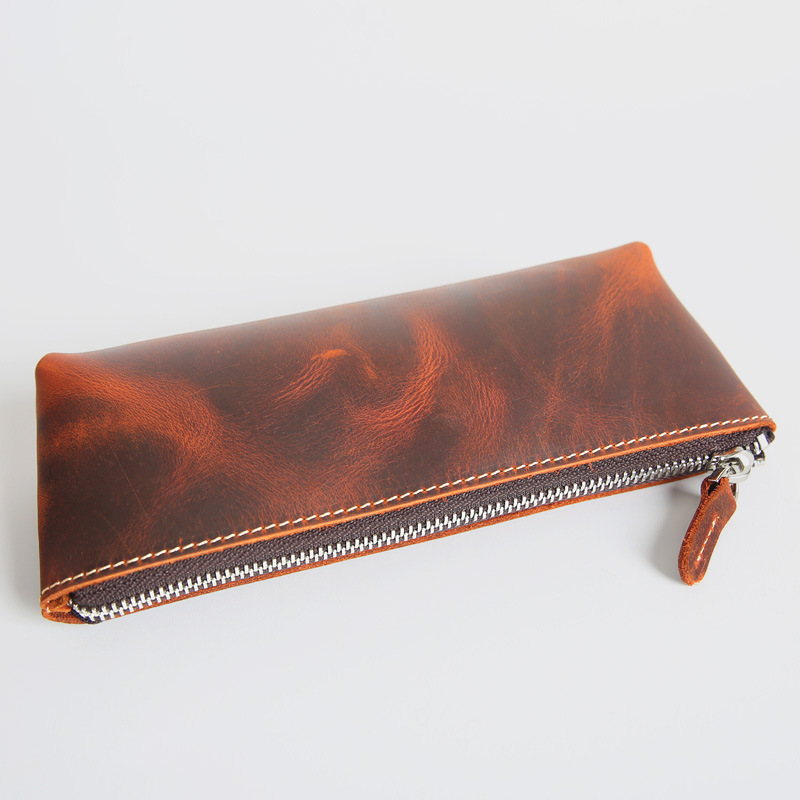 Factory Direct Sales Handmade Crazy Horse Leather for Men and Women Leather Pencil Case Large Capacity Pen Sleeve First Layer Cowhide Zipper Stationery Case