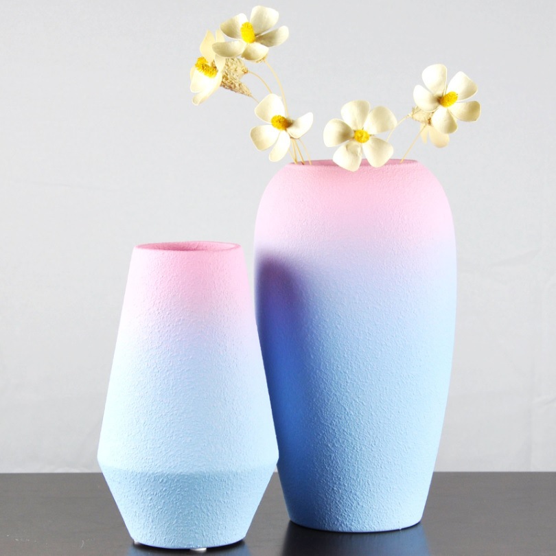 双色蓝粉色渐变陶瓷花瓶摆件三件套工艺品磨砂可储水花器花店批发