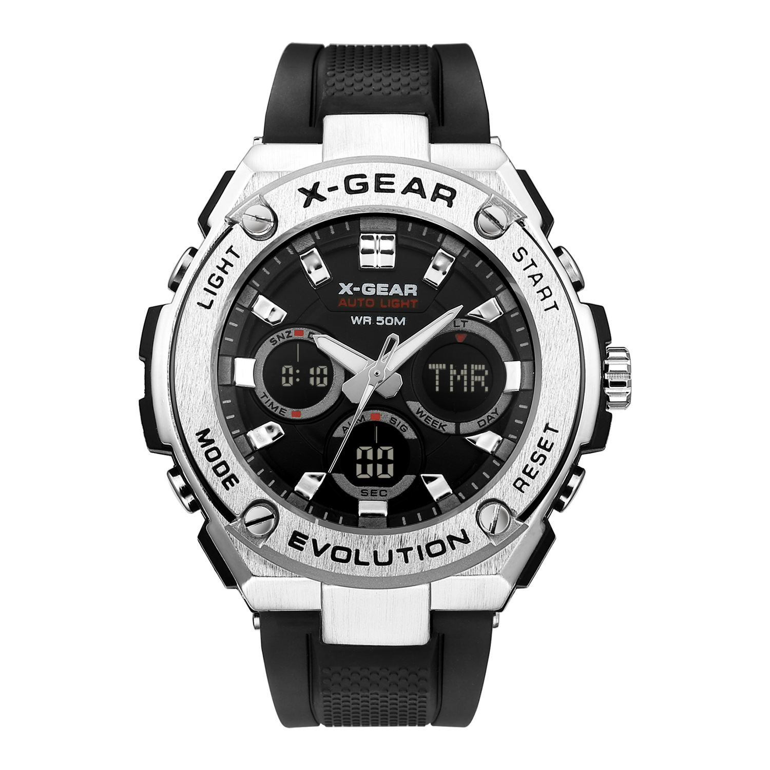 x-gear新款男士运动商务自动夜光腕表 多功能双显皮带手表防水