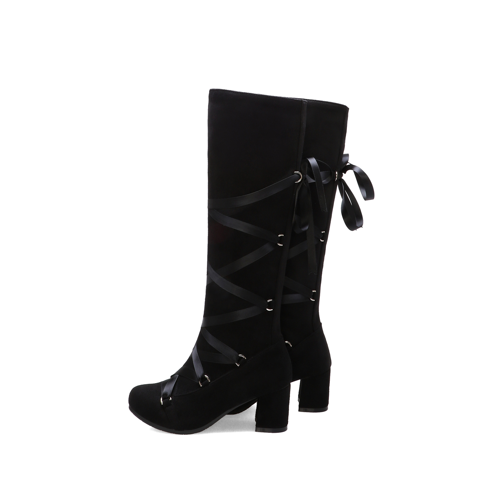 交叉绑带骑士靴高跟绒面欧美风大码高筒靴女士305