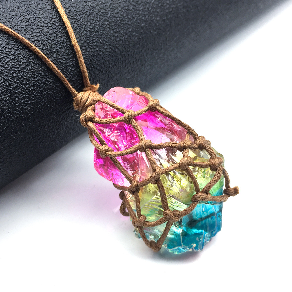 跨境热卖 天然原石编织吊坠 不规则七彩原石编织吊坠项链毛衣链