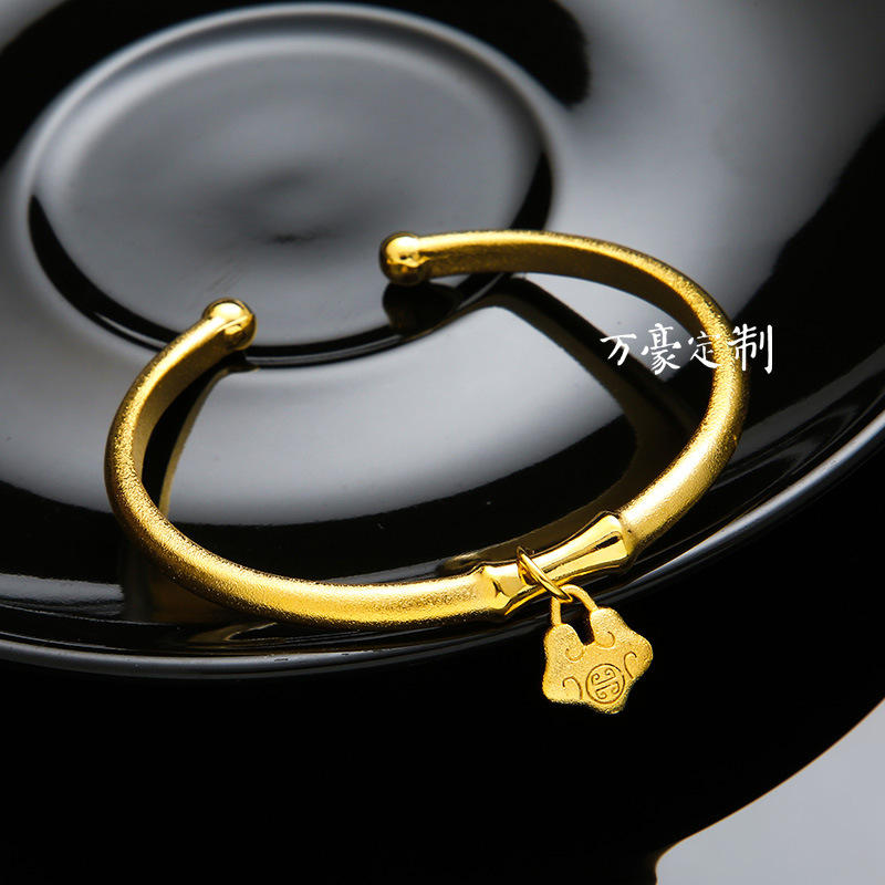 传承磨砂纳福如意小金锁手镯 福锁宫铃长命锁开口手镯女带锁抖音