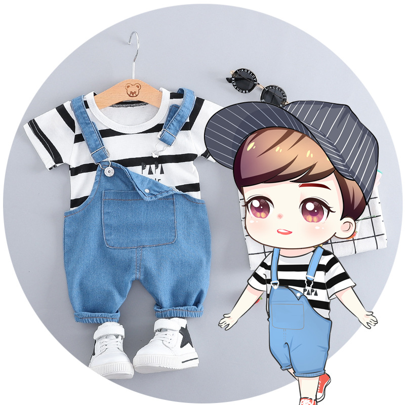 夏季童装2019年中小童装韩版牛仔背带裤两件套棉品条纹短袖童套装