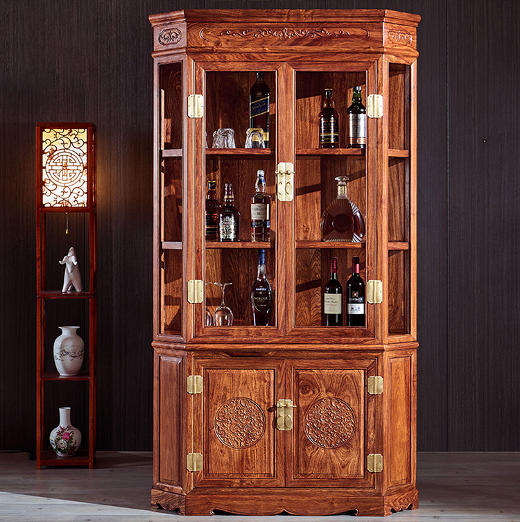 红木酒柜新中式刺猬紫檀客厅酒架玻璃展示柜花梨木实木餐厅红酒柜