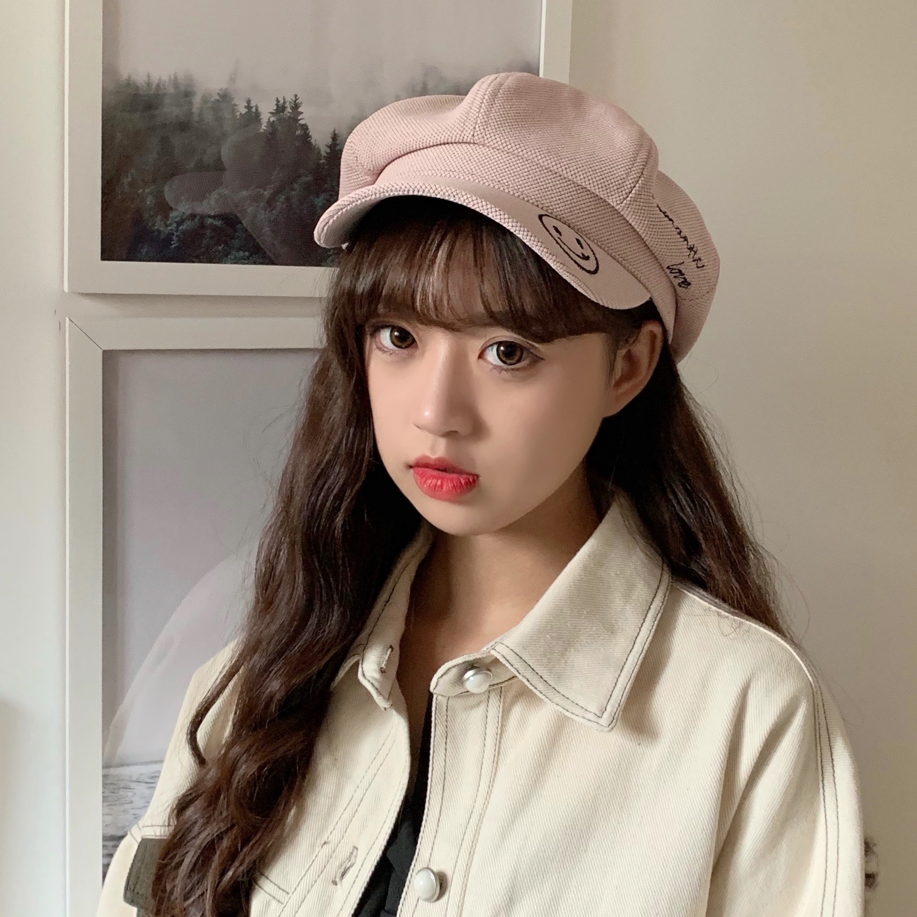 帽子女秋冬款笑脸刺绣八角帽秋冬韩版日系百搭字母鸭舌ins贝雷帽