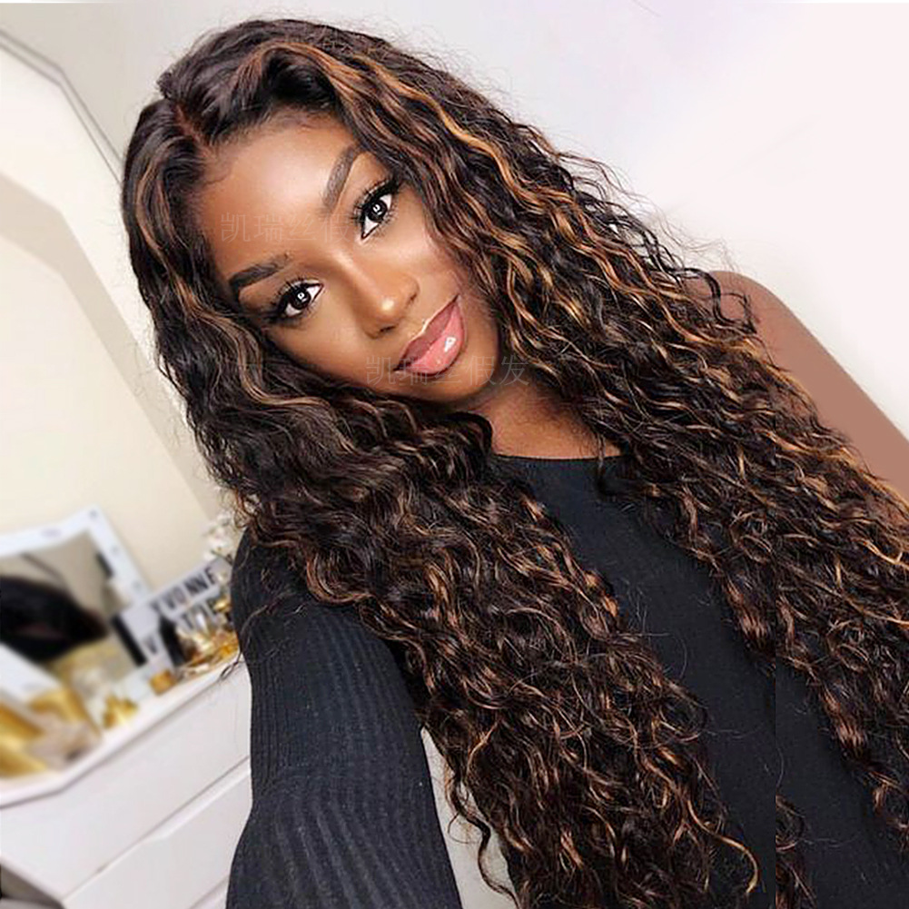 欧美假发女白人头套黑金色中分假发头套长卷发curly厂家现货代发