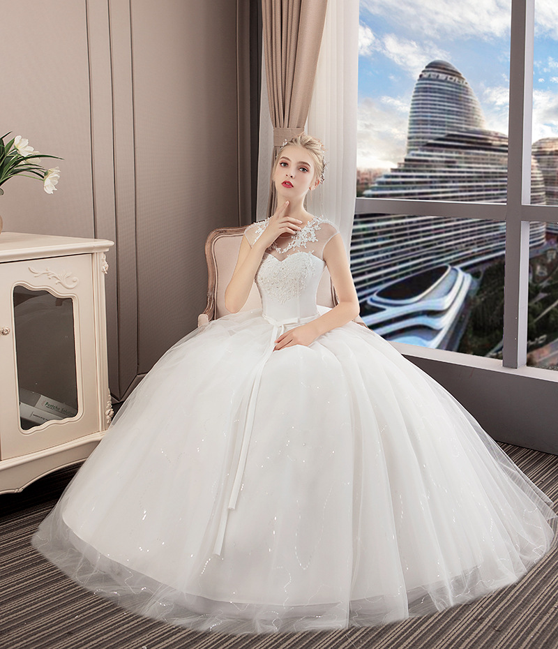 一字肩领婚纱白色齐地蕾丝大码新娘礼服韩版梦幻抹胸森系白色简约