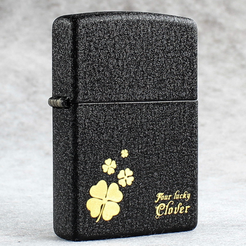 zippo防风煤油打火机236黑裂漆刻花幸运四叶草