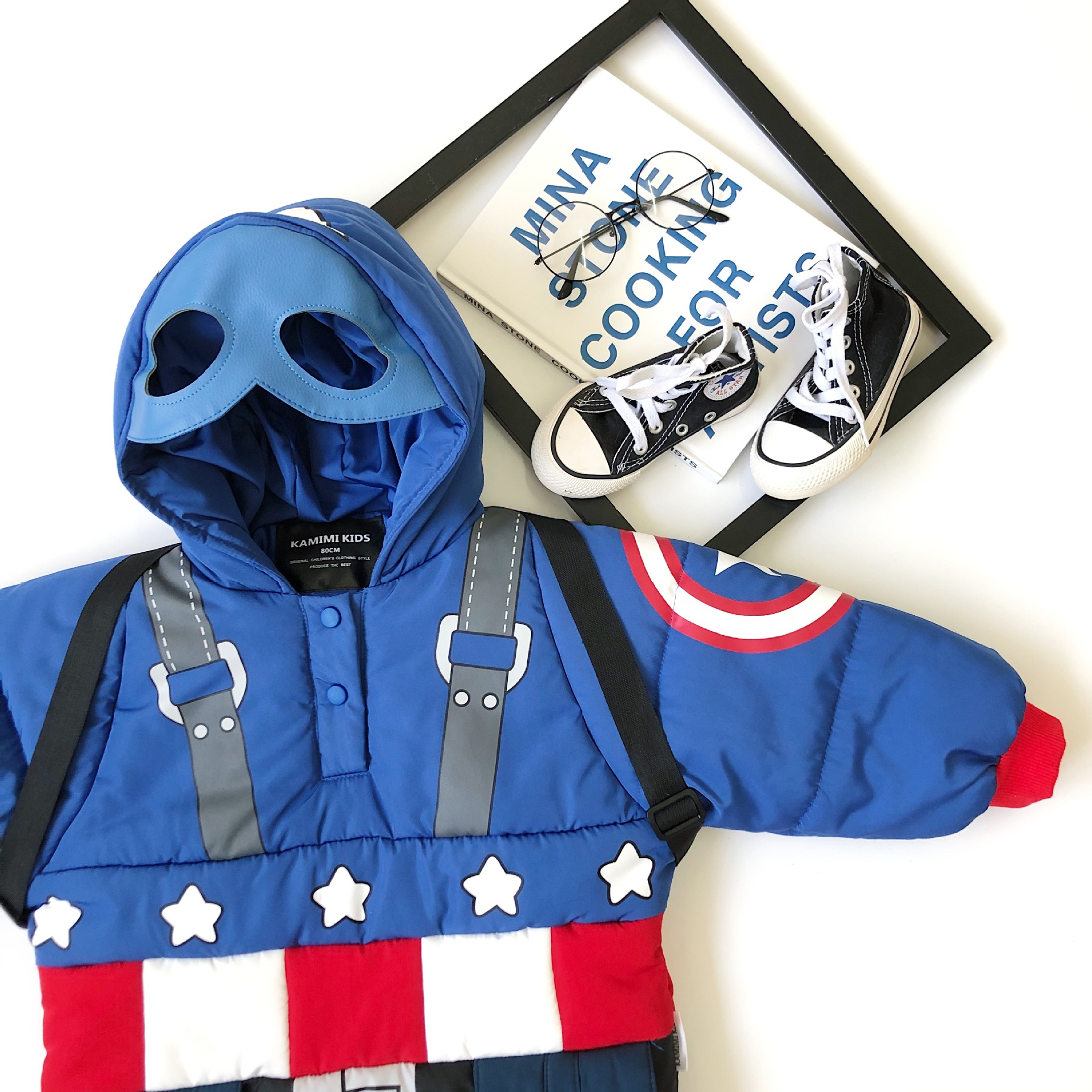 一件代发kamimi童装 19冬款 美队卡通套头盾牌背包羽绒棉棉服