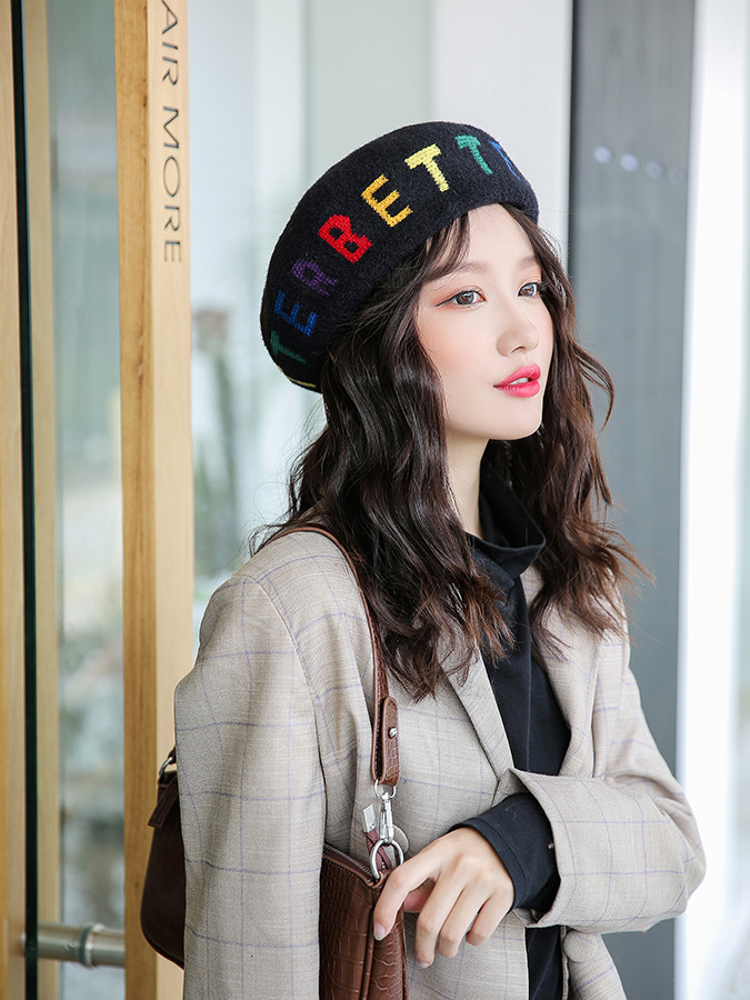 2019新款貂绒贝雷帽女韩国帽子韩版彩色字母网红画家帽秋冬保暖帽