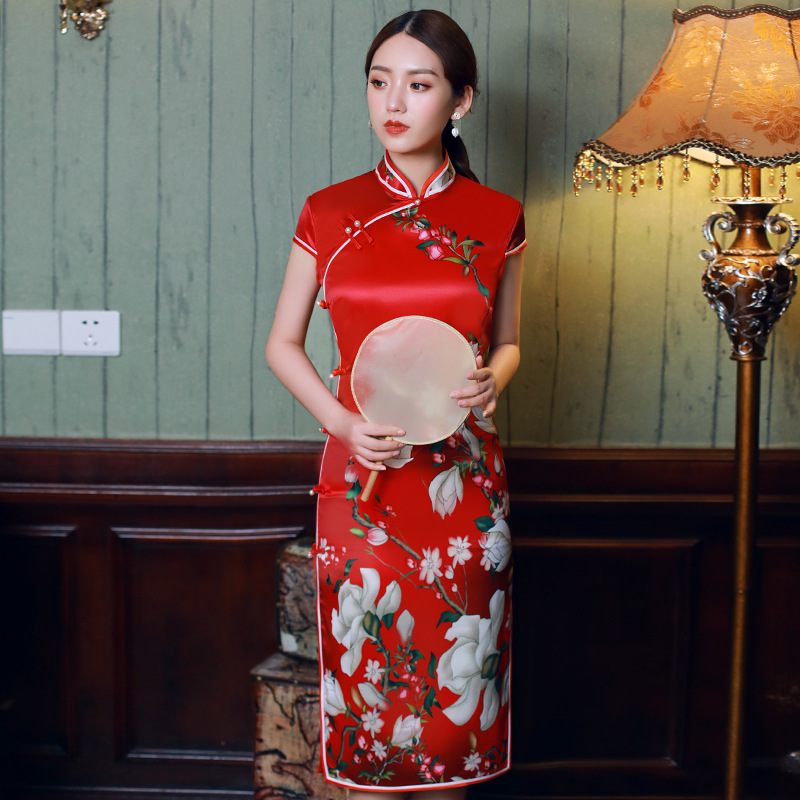 2020新款改良丝绸淑女旗袍中长款红色结婚旗袍敬酒服性感优雅修身