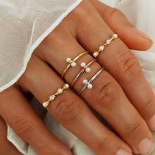 新款 欧美时尚个性简约镶钻珍珠戒指金银玫瑰金混色5件套