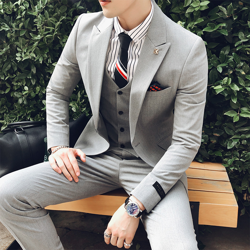 修身西服三件套装男士韩版伴郎服装新郎结婚礼服英伦风休闲小西装