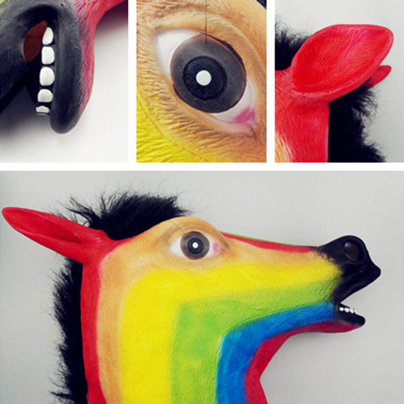 七彩马逼真万圣节派对面具 cos表演动物头套 彩虹马头乳胶面具