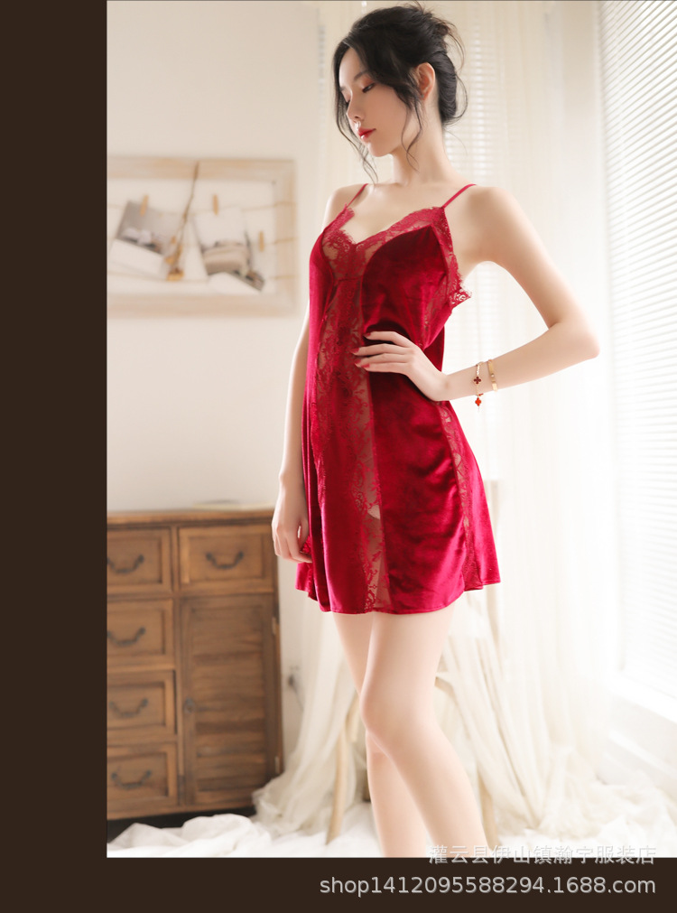 情恋依优雅金丝绒睡衣性感情趣内衣激情套装露胸诱惑蕾丝睡裙1912