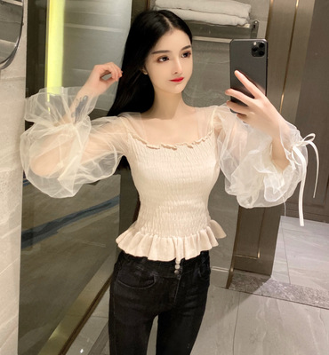 4258470女装夜店性感抹胸式低胸打底针织衫欧根纱长袖上衣单衣t恤