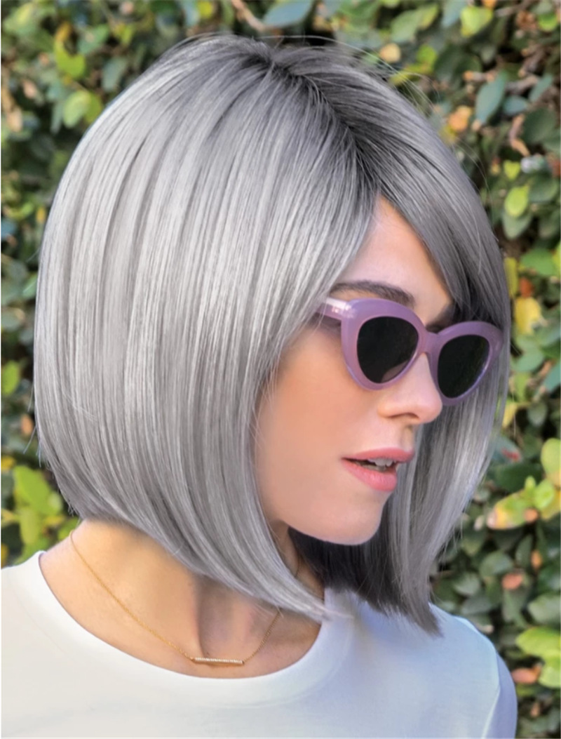 新款外贸中老年假发女短直发灰白渐变色头套速卖通欧美假发短发套