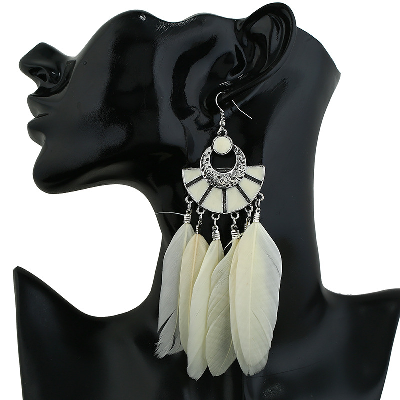 欧美ins爆款复古波西米亚流苏耳环黑色长款羽毛耳钉女士earrings