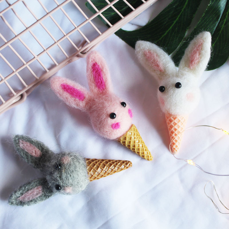 非常可爱的一款羊毛毡戳戳乐兔子   三个颜色,冰淇淋造型   适合做