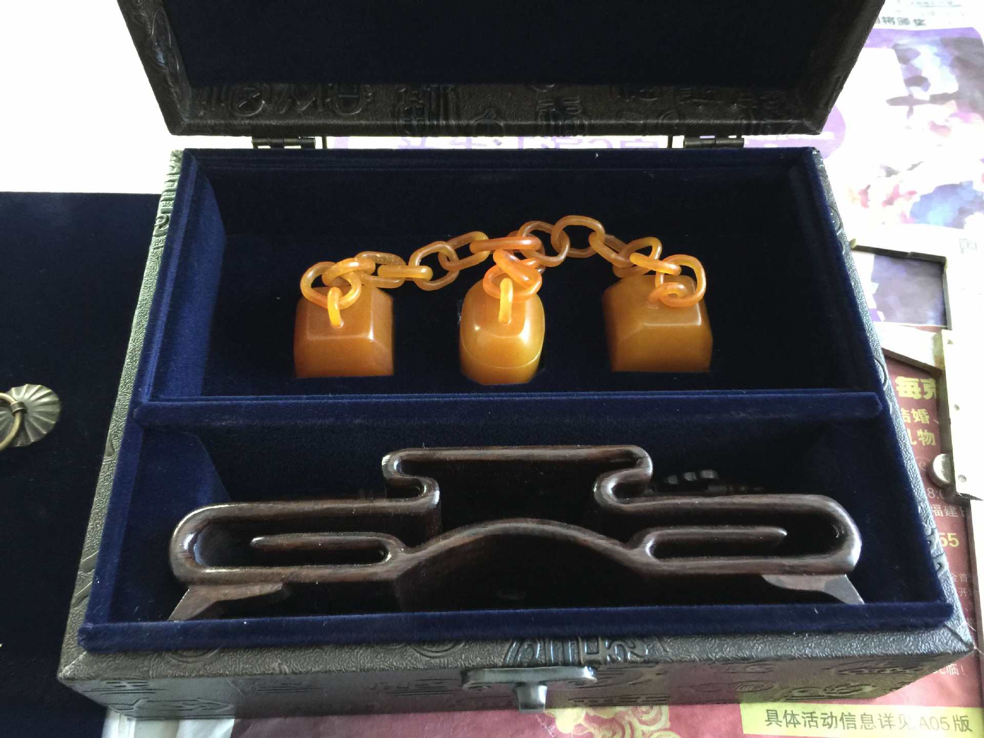 田黄石三链印章三连章寿山石高仿乾隆三联章玉玺带链子的印章