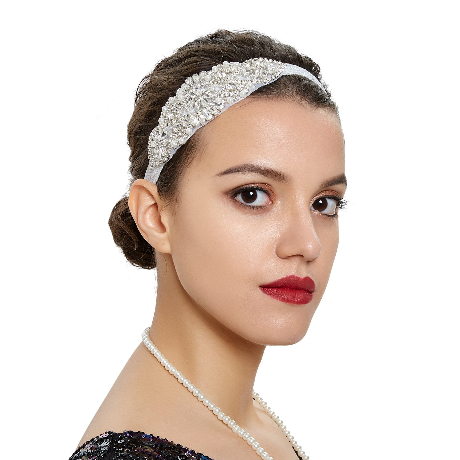 亚马逊新款纯手工简约头饰欧美复古珍珠水钻头带新娘婚纱配饰发带