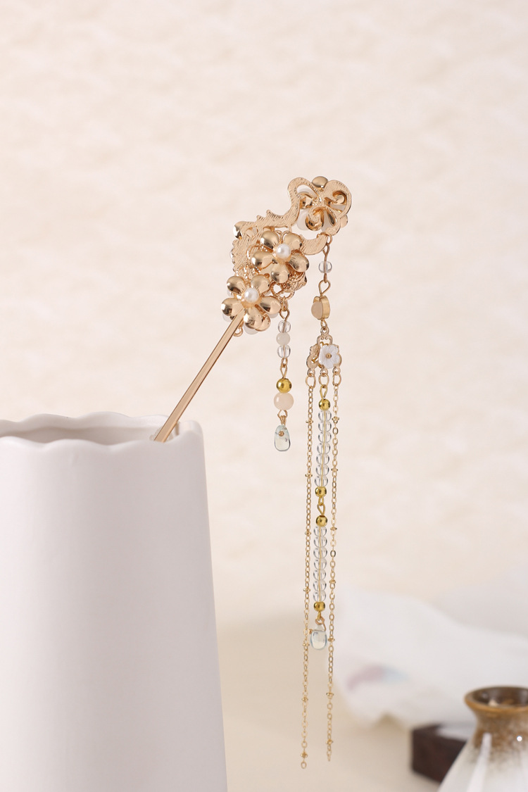 宇辰原创手工汉服古装头饰发簪步摇头饰长流苏古风镀金色陌上桑女