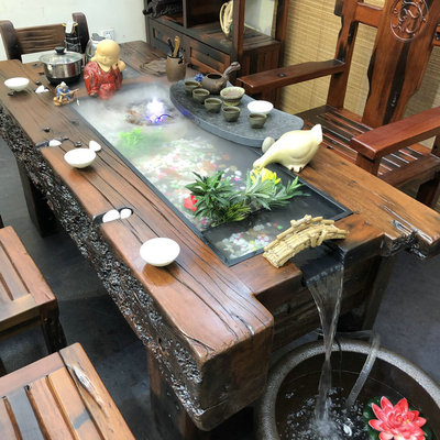 老船木循环流水养鱼茶台景观茶桌椅组合新中式禅意实木泡茶桌茶几