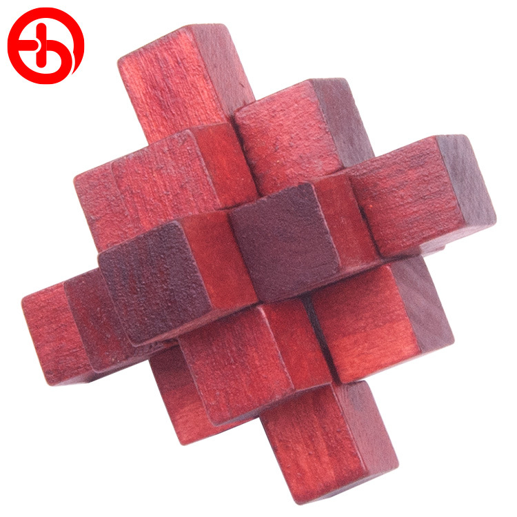 小九通孔明锁九根智力拆装酒红色九通木制小菠萝原木9通