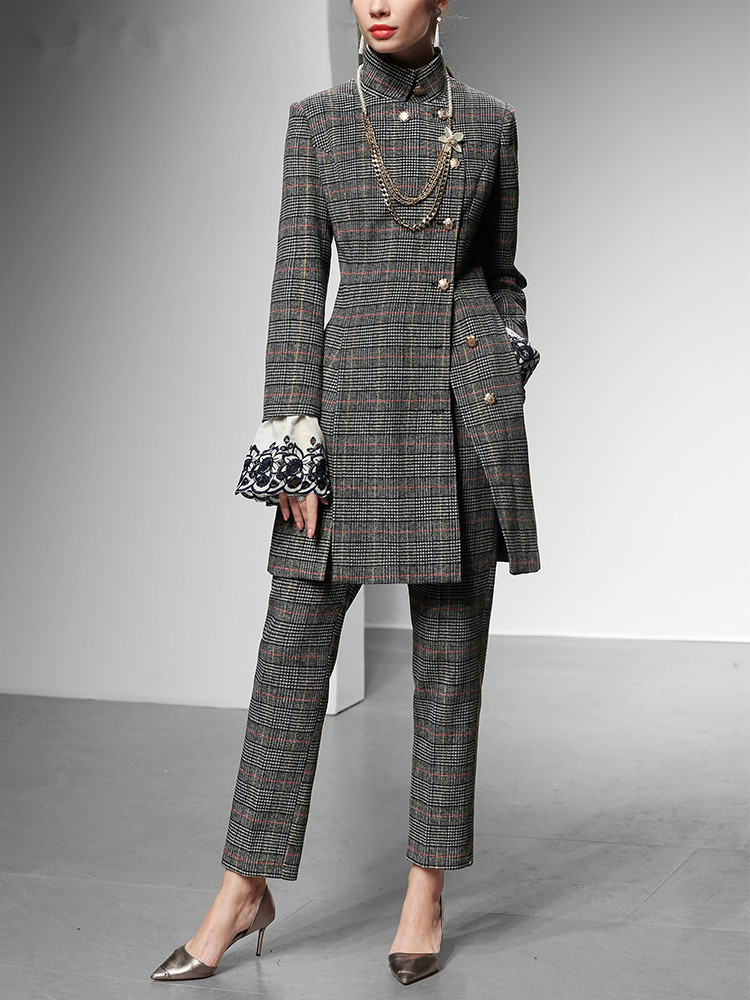 高定欧韩大牌走秀时尚气质两件套格纹羊毛呢大衣外套裤子修身套装