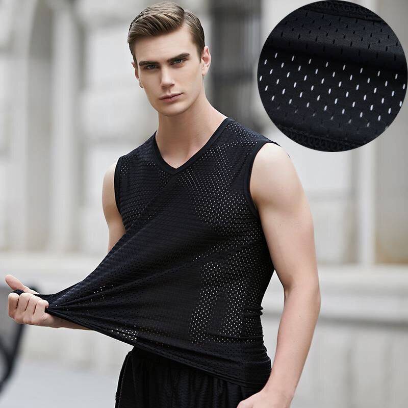 夏季无袖t恤男坎肩宽松袖宽肩男士背心男运动网眼透气速干背心