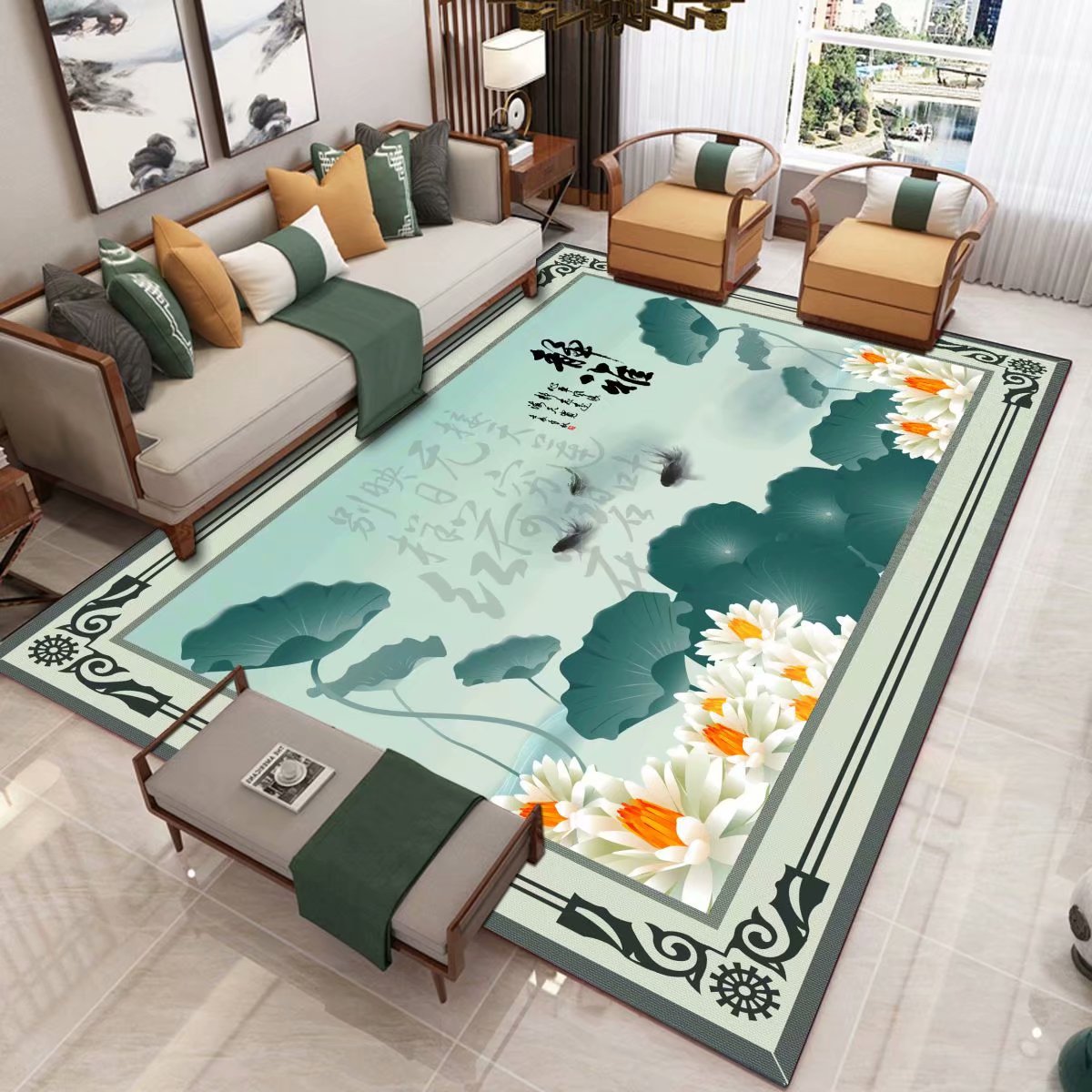 新中式水墨山花鸟图案客厅大厅家居地毯地垫卧室地毯飘窗垫防滑垫