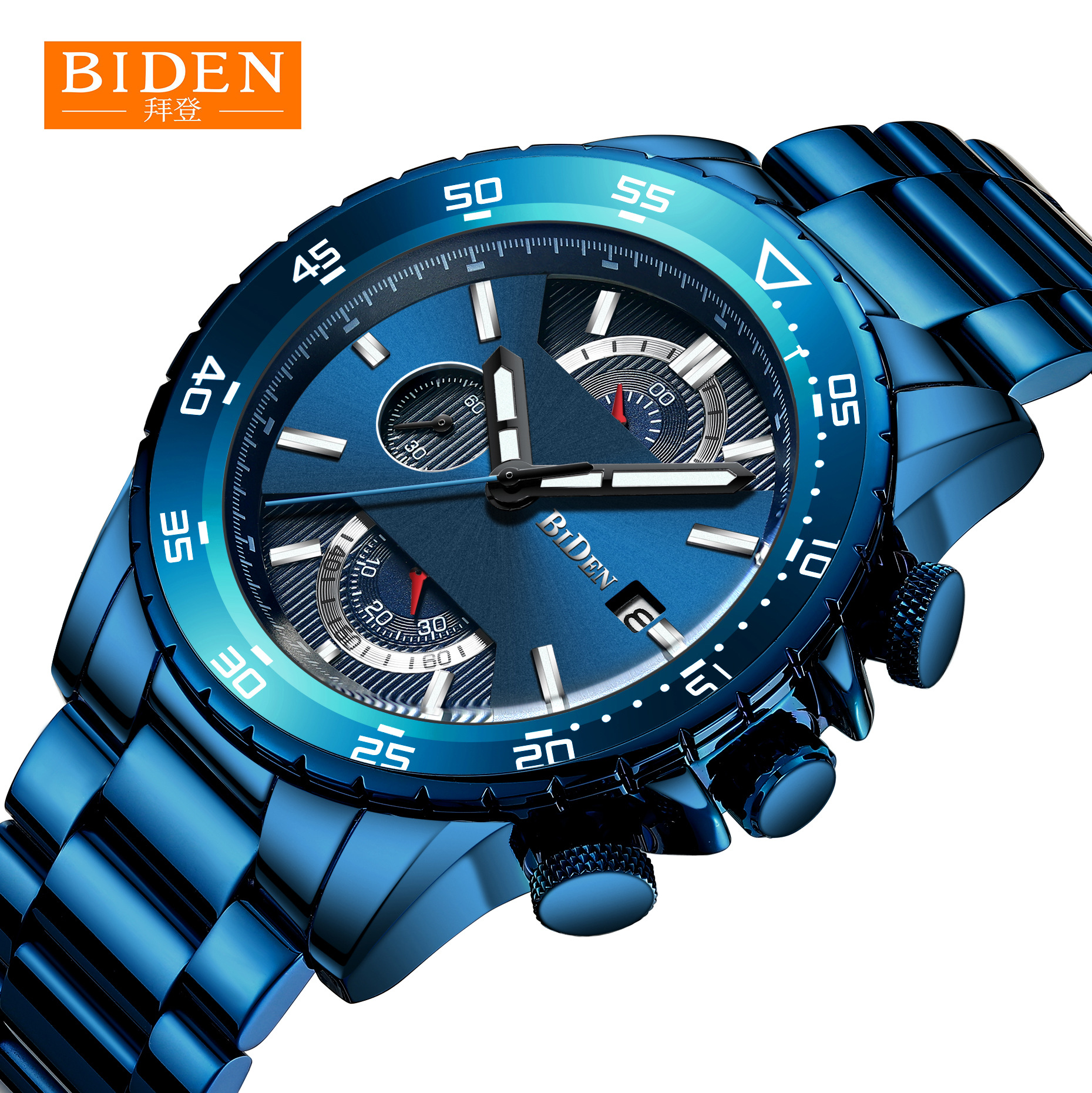 品牌拜登biden新款男士运动石英表 休闲商务计时腕表钢带手表