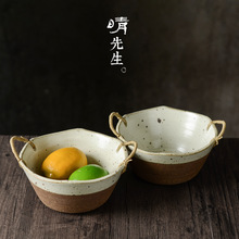 手工粗陶餐具复古碗盆盘家用果菜盘简约创意陶瓷日式日式复古食器