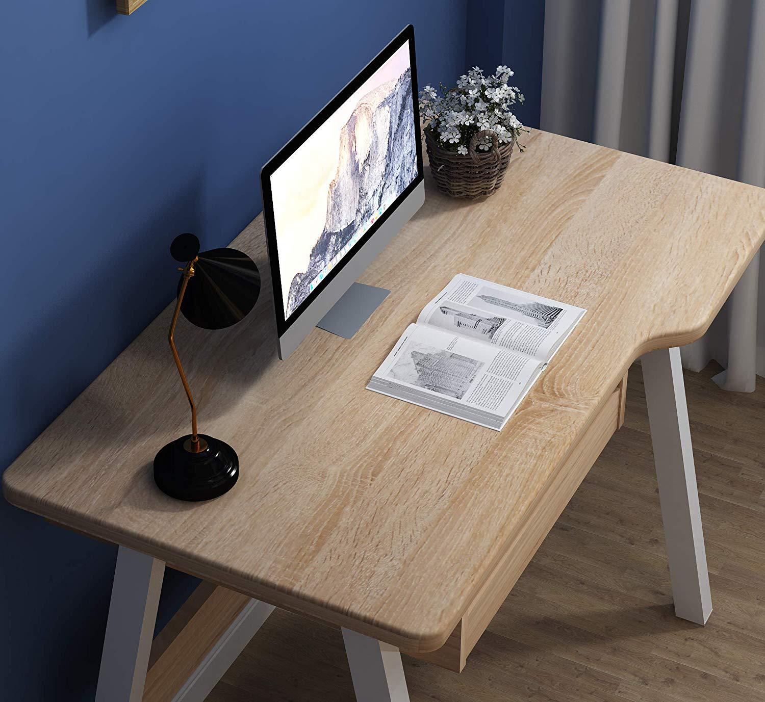 橡木色电脑桌家庭办公桌带键盘托盘