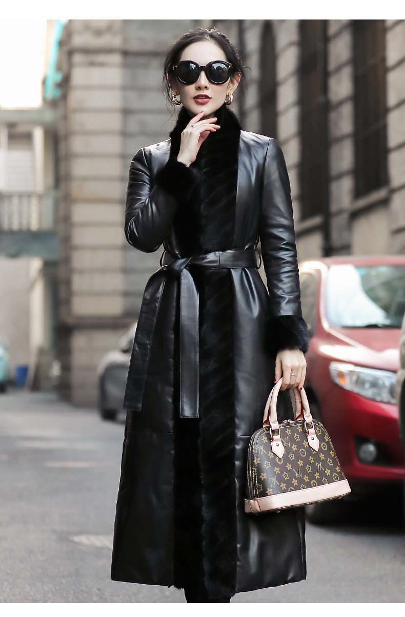 高定欧美大牌刺绣真皮皮衣羽绒服女水貂毛领绵羊皮外套中长大衣新