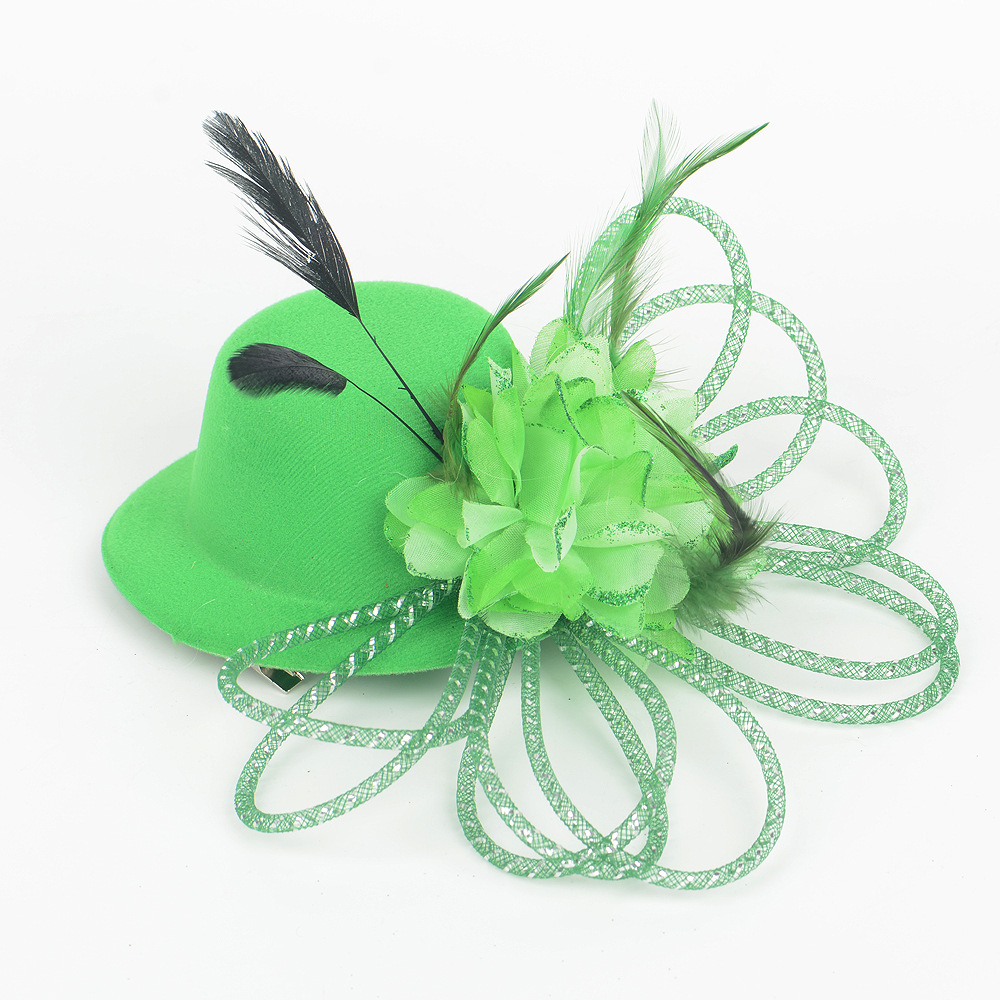 儿童走秀小礼帽头饰绿色花朵网纱羽毛头花模特造型宴会派对发饰