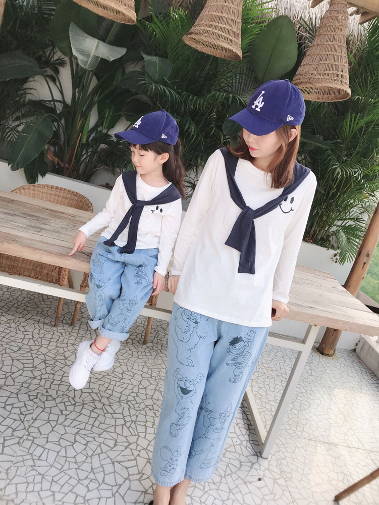 海军风亲子装 2021新款母女装笑脸披肩拼接儿童长袖t恤宽松打底衫